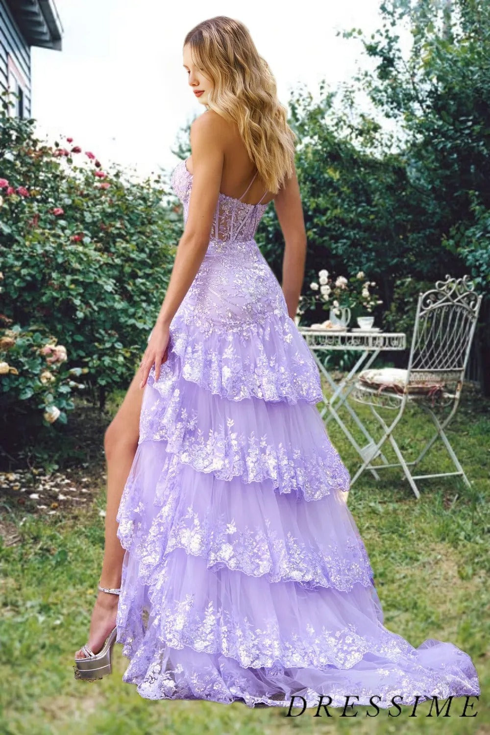 Dressime New Style One Shoulder A Line Tulle Sequin-Embroidery Tiered Prom Dresses with Slit dressime