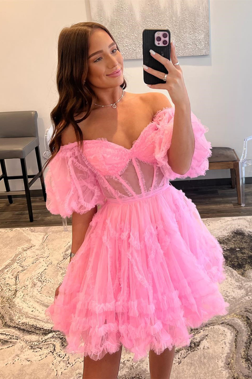 dressimeOff The Shoulder A Line Homecoming Dresses Tulle With Ruffles 