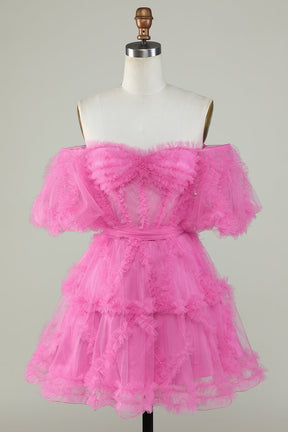 dressimeOff The Shoulder A Line Homecoming Dresses Tulle With Ruffles 