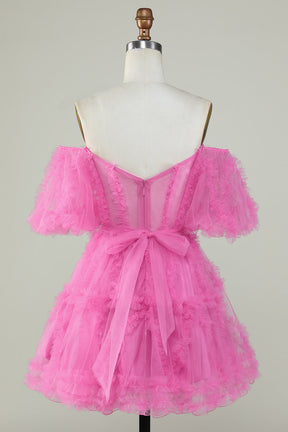 dressimeOff The Shoulder A Line Homecoming Dresses Tulle With Ruffles 