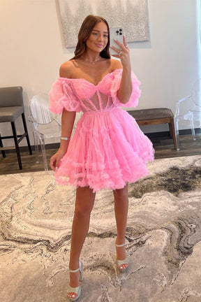 dressimeOff The Shoulder A Line Homecoming Dresses Tulle With Ruffles 