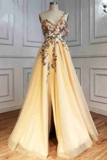 dressimeOne Shoulder Champagne Long Prom Dress with Flowers Slit 