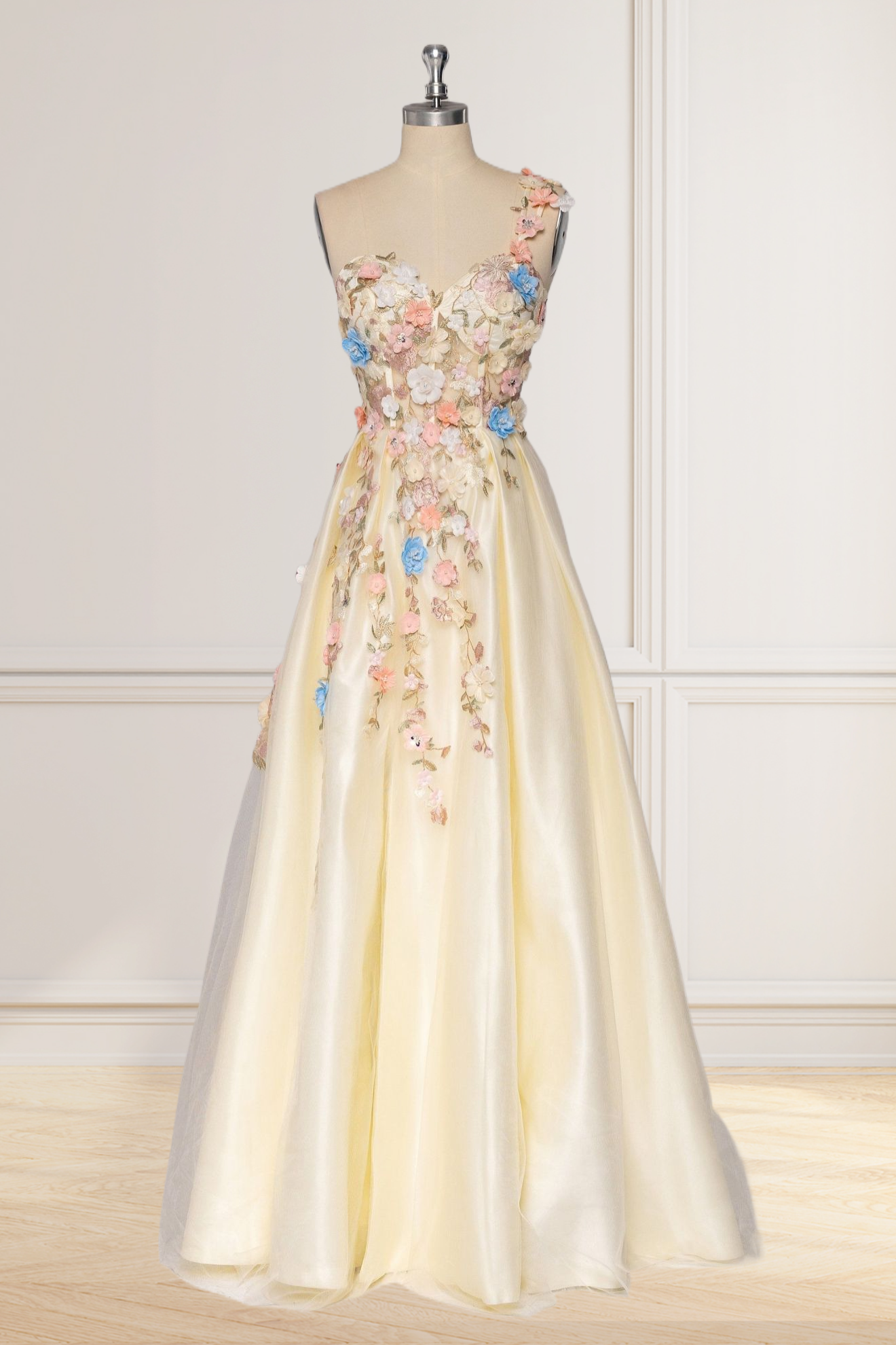 Dressime One Shoulder Champagne Long Prom Dress with Flowers Slit dressime