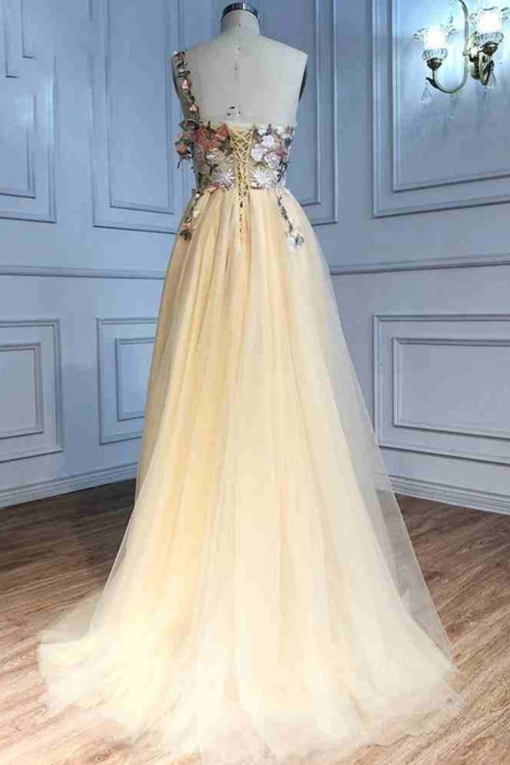 dressimeOne Shoulder Champagne Long Prom Dress with Flowers Slit 