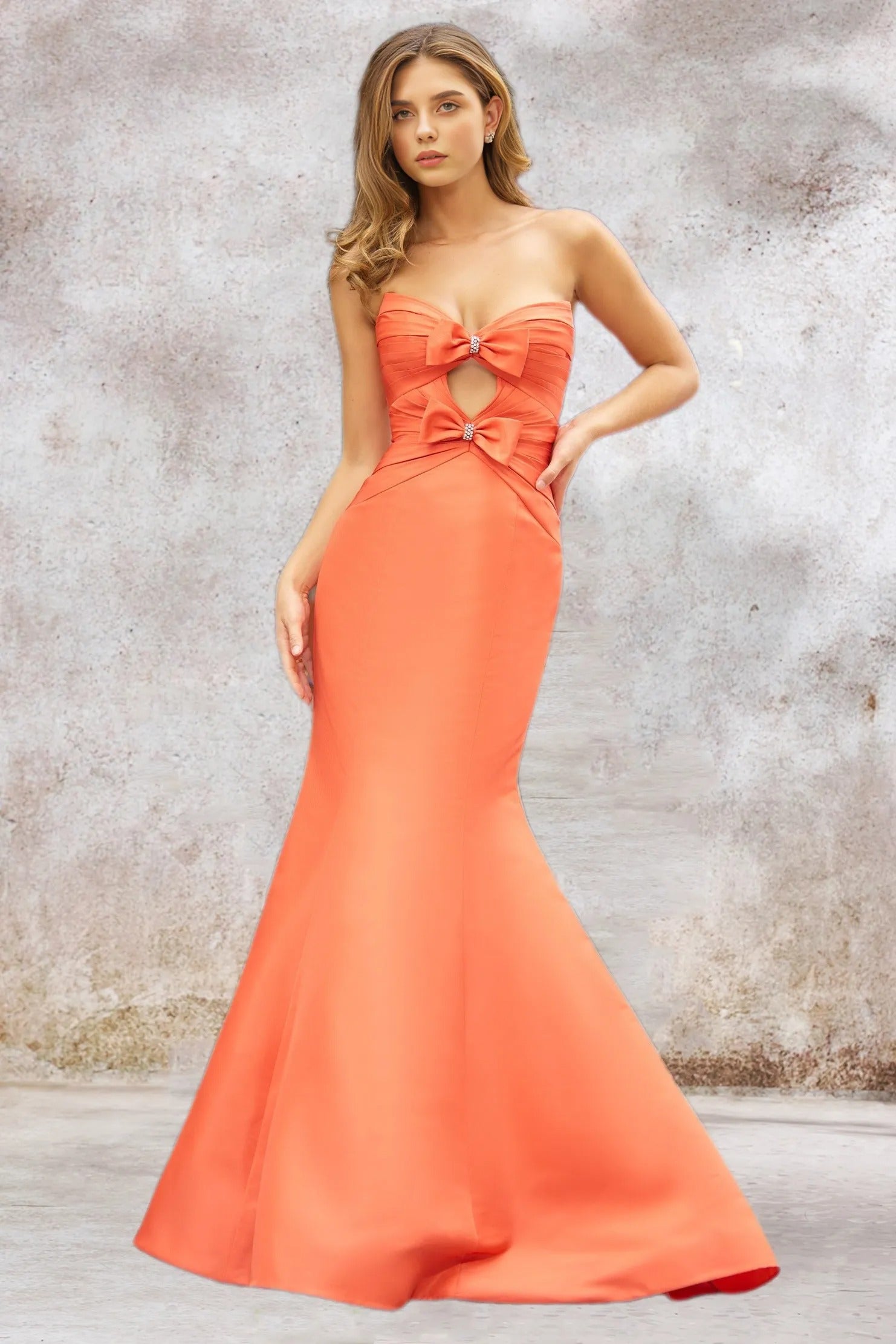 Dressime Orange Mermaid Sweetheart Satin Slit Prom Dress with Bowknot dressime