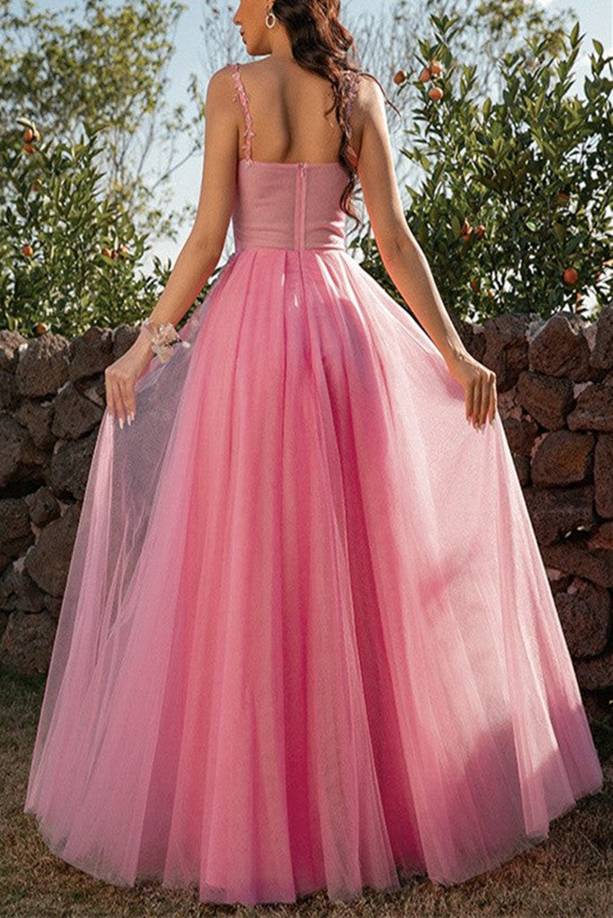 dressimePink Spaghetti Straps Tulle Applique Prom Dresses Modest Long Evening Gowns For Formal Women Gown 