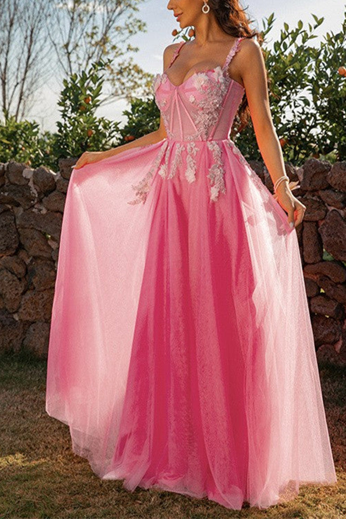 dressimePink Spaghetti Straps Tulle Applique Prom Dresses Modest Long Evening Gowns For Formal Women Gown 