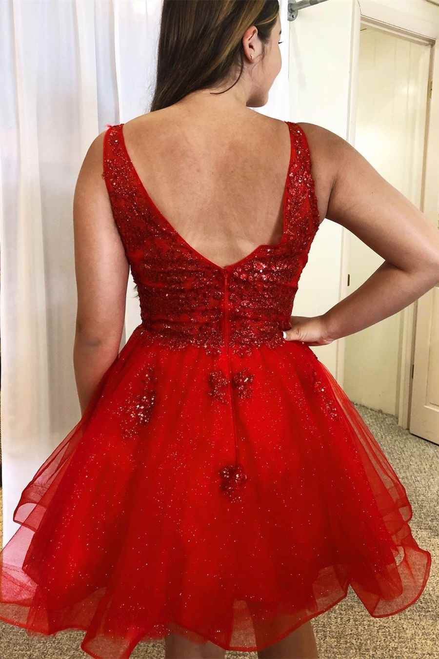 Dressime Plus Size A Line V Neck Tulle Homecoming Dresses With Beading dressime