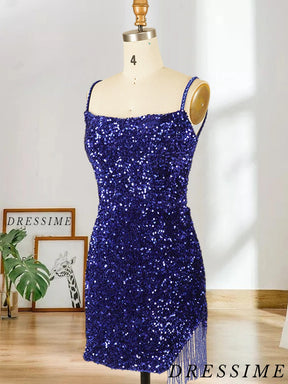 Dressime Plus Size Bodycon Sequins Spaghetti Straps Short Prom Homecoming Dresses with Fringes dressime