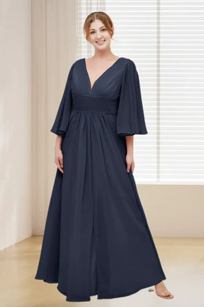 Dressime Plus Size Deep V-Neck Chiffon Long Sleeves Bridesmaid Dresses With Slit dressime