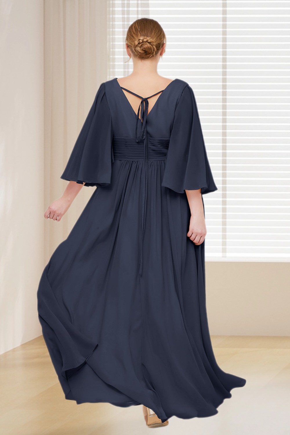 Dressime Plus Size Deep V-Neck Chiffon Long Sleeves Bridesmaid Dresses With Slit dressime