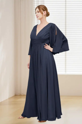 Dressime Plus Size Deep V-Neck Chiffon Long Sleeves Bridesmaid Dresses With Slit dressime