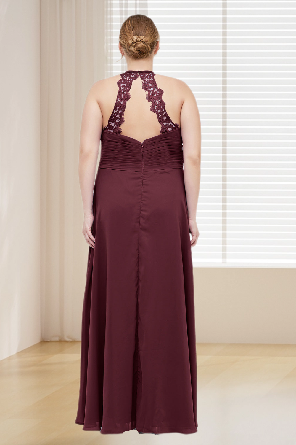 Dressime Plus Size Halter Chiffon Long Bridesmaid Dress With Lace Straps dressime