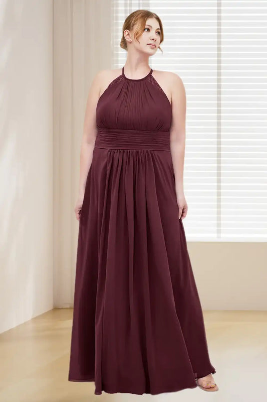 Dressime Plus Size Halter Chiffon Long Bridesmaid Dress With Lace Straps dressime