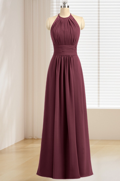 Dressime Plus Size Halter Chiffon Long Bridesmaid Dress With Lace Straps dressime