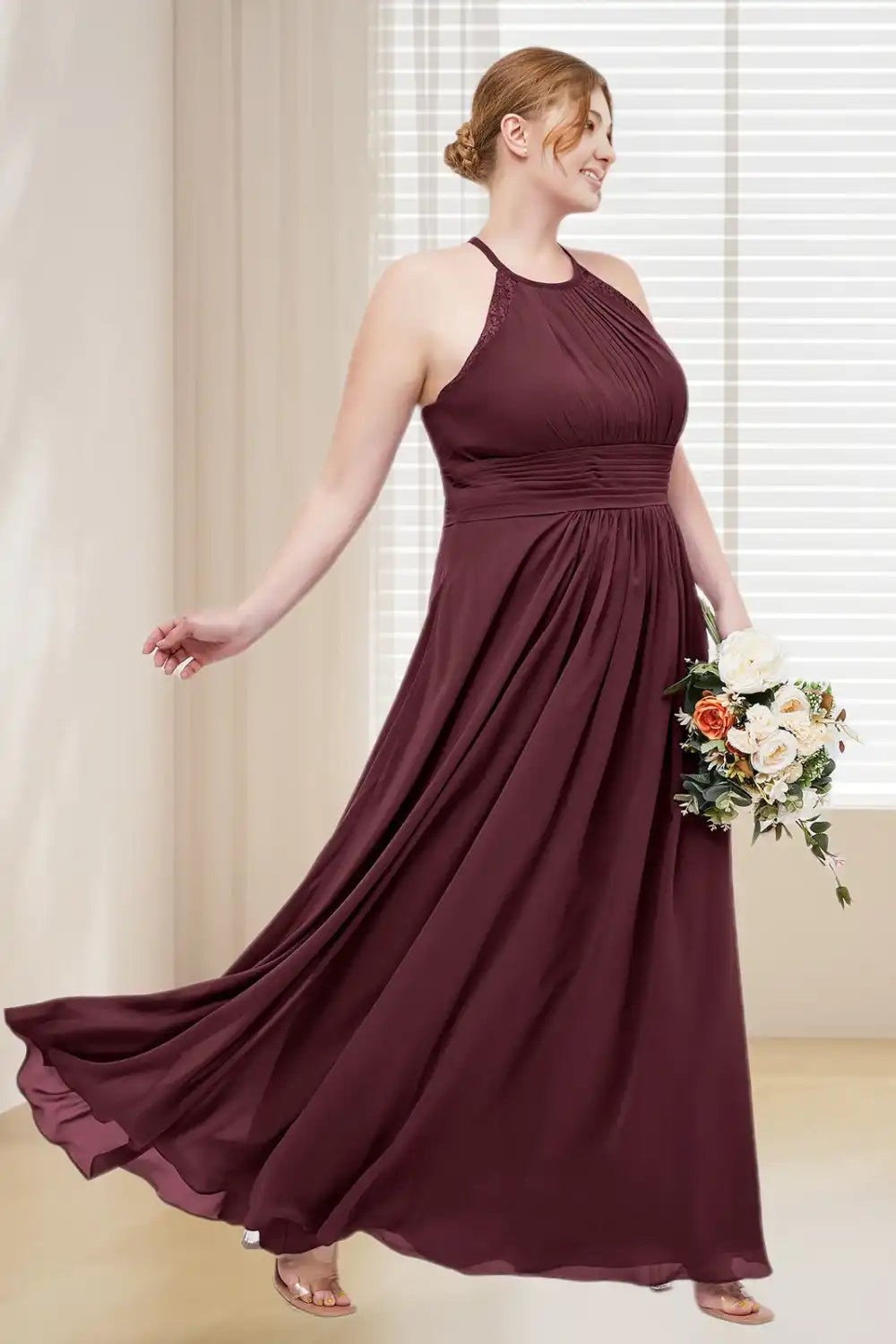 Dressime Plus Size Halter Chiffon Long Bridesmaid Dress With Lace Straps dressime