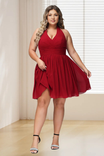 Dressime Plus Size Halter V Neck Chiffon Short Bridesmaid Dress dressime