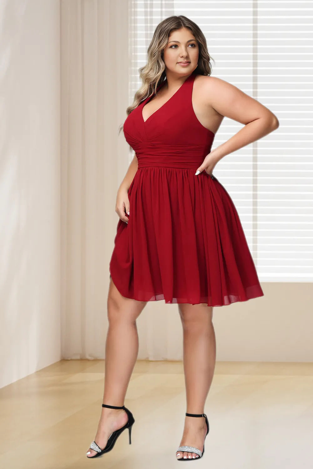 Dressime Plus Size Halter V Neck Chiffon Short Bridesmaid Dress dressime