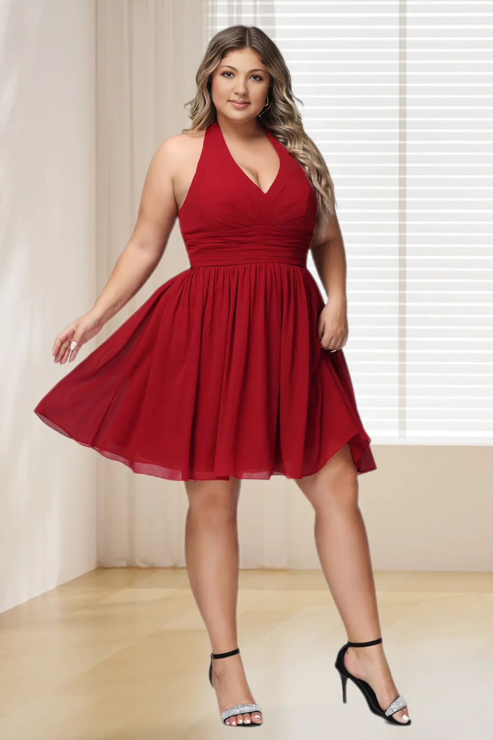 Dressime Plus Size Halter V Neck Chiffon Short Bridesmaid Dress dressime