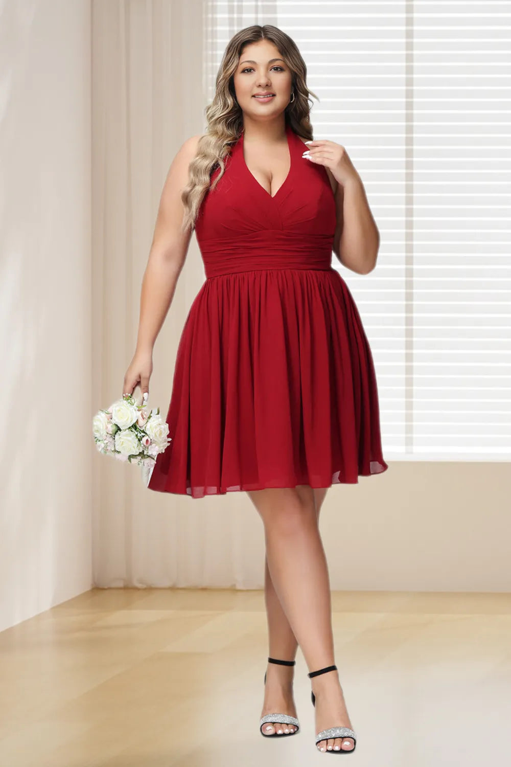 Dressime Plus Size Halter V Neck Chiffon Short Bridesmaid Dress dressime