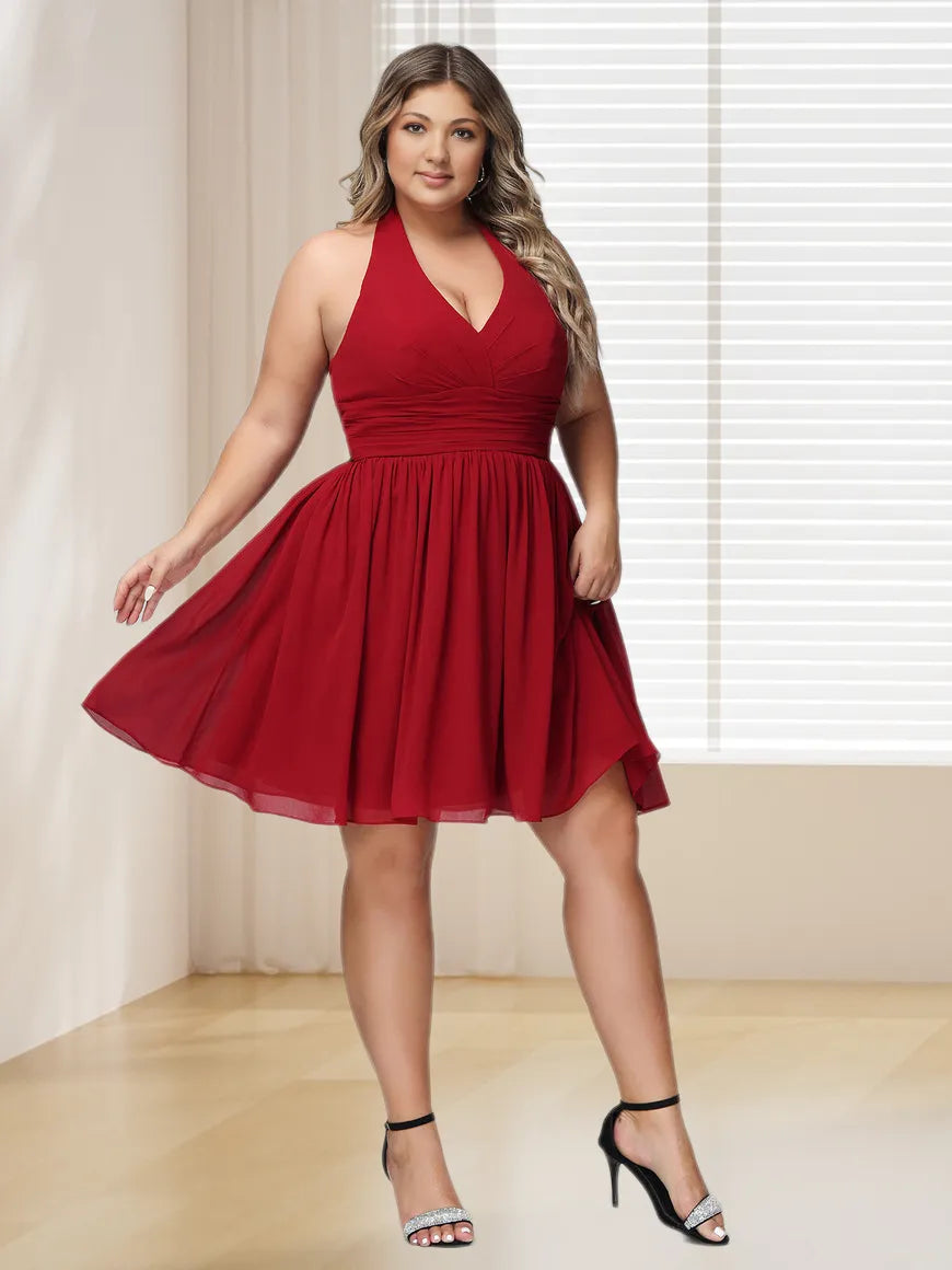 Dressime Plus Size Halter V Neck Chiffon Short Bridesmaid Dress dressime