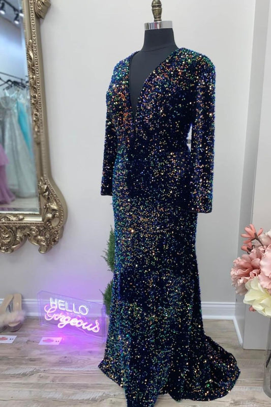 Dressime Plus Size Mermaid V Neck Velvet Sequin Long Sleeves Prom Dress dressime