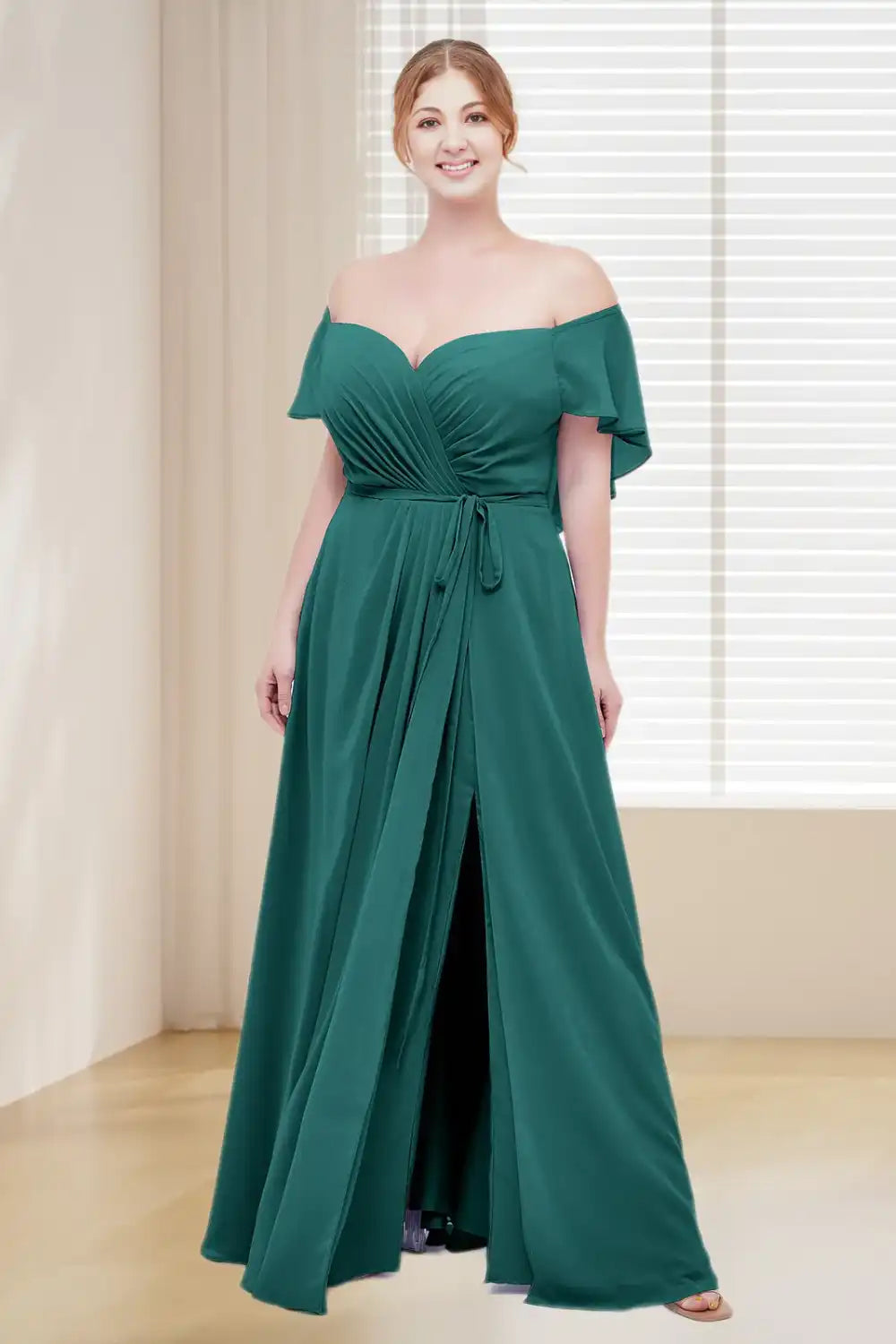 Dressime Plus Size Off The Shoulder Cap Sleeves Chiffon Long Bridesmaid Dress With Slit dressime