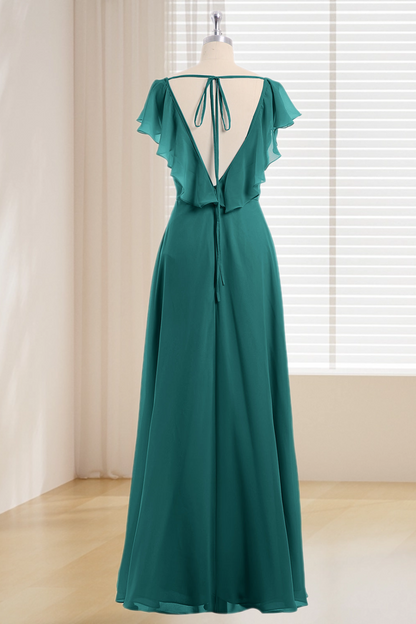 Dressime Plus Size Off The Shoulder Cap Sleeves Chiffon Long Bridesmaid Dress With Slit dressime