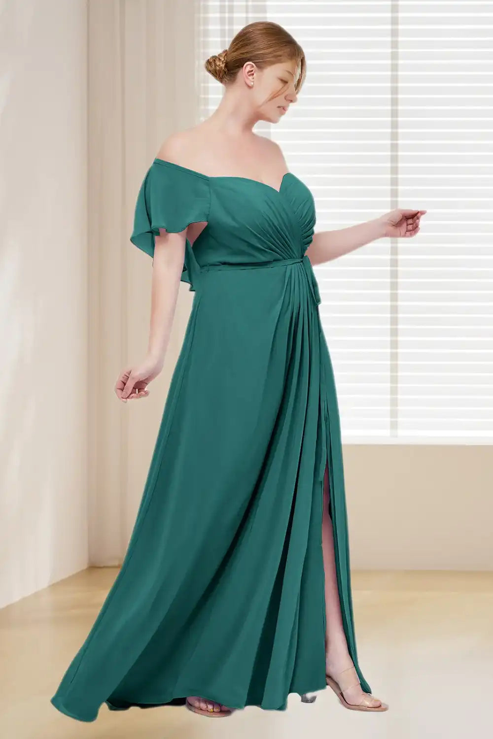 Dressime Plus Size Off The Shoulder Cap Sleeves Chiffon Long Bridesmaid Dress With Slit dressime