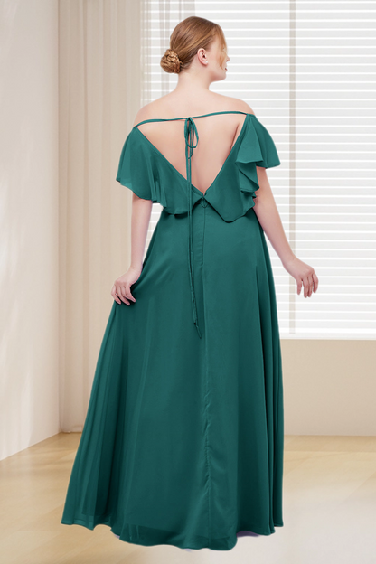 Dressime Plus Size Off The Shoulder Cap Sleeves Chiffon Long Bridesmaid Dress With Slit dressime