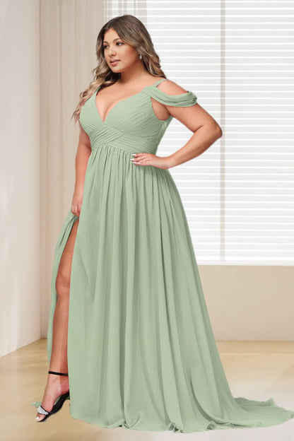 Dressime Plus Size Off The Shoulder Chiffon Bridesmaid Dress With Slit dressime