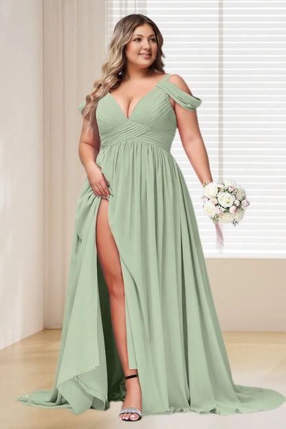 Dressime Plus Size Off The Shoulder Chiffon Bridesmaid Dress With Slit dressime