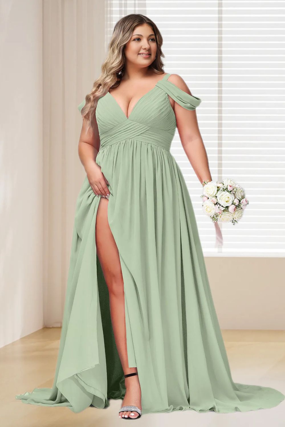 Dressime Plus Size Off The Shoulder Chiffon Bridesmaid Dress With Slit dressime