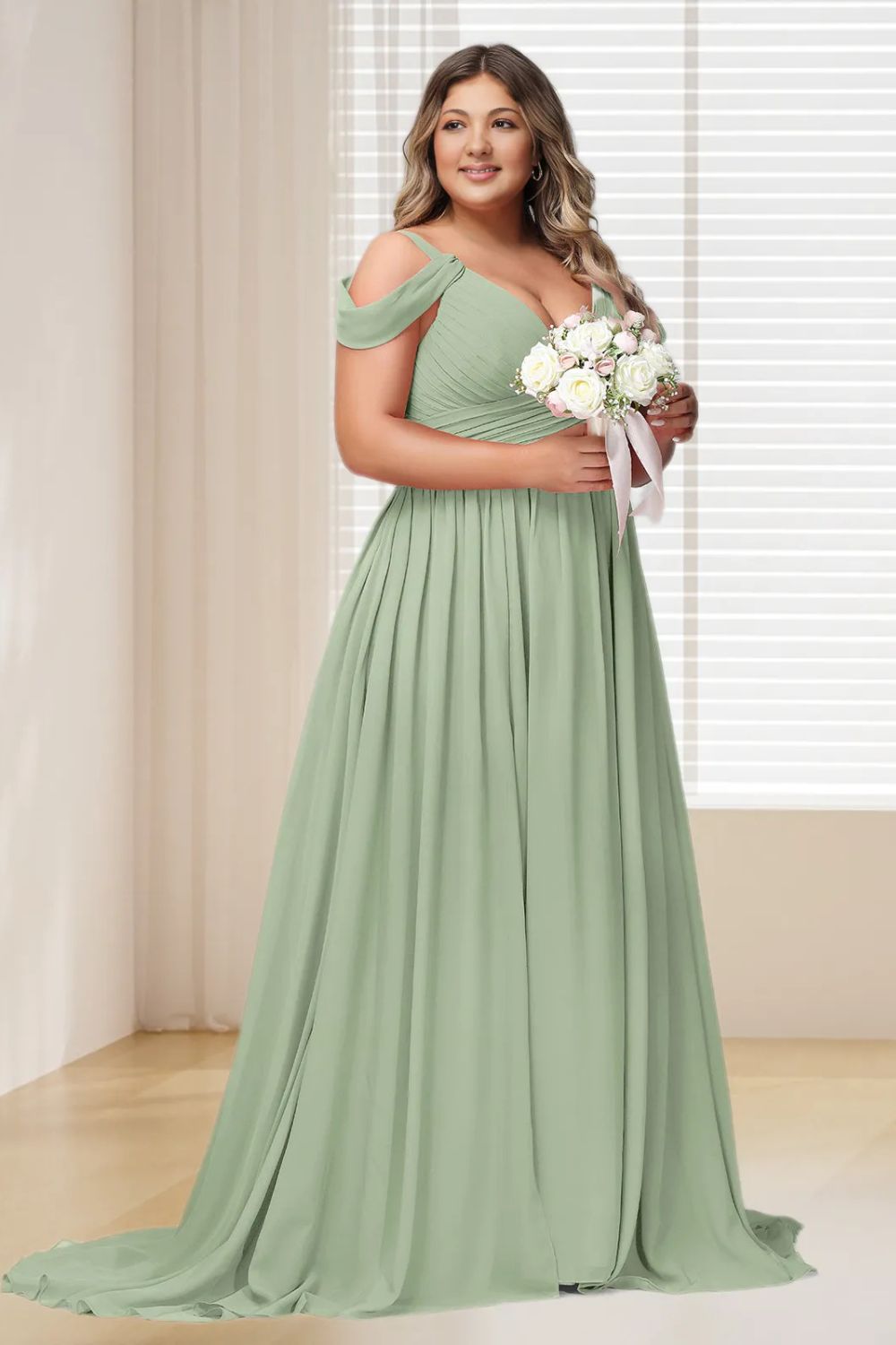 Dressime Plus Size Off The Shoulder Chiffon Bridesmaid Dress With Slit dressime