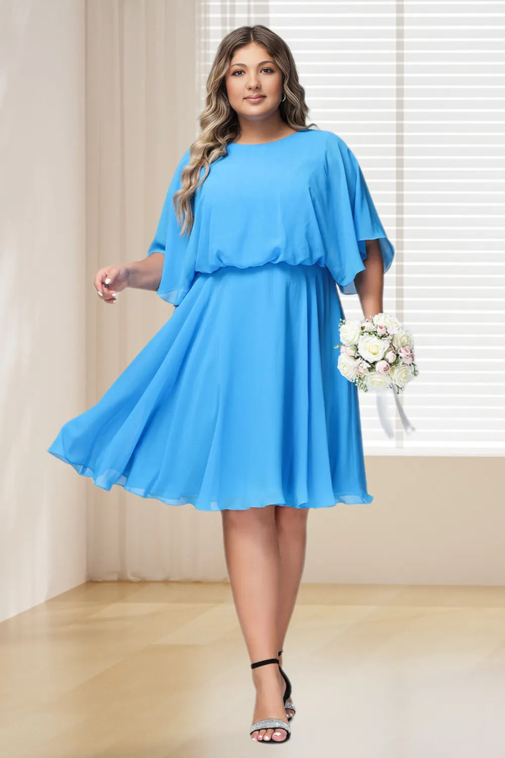 Dressime Plus Size Scoop Neck Flutter Sleeves Chiffon Short Bridesmaid Dress dressime