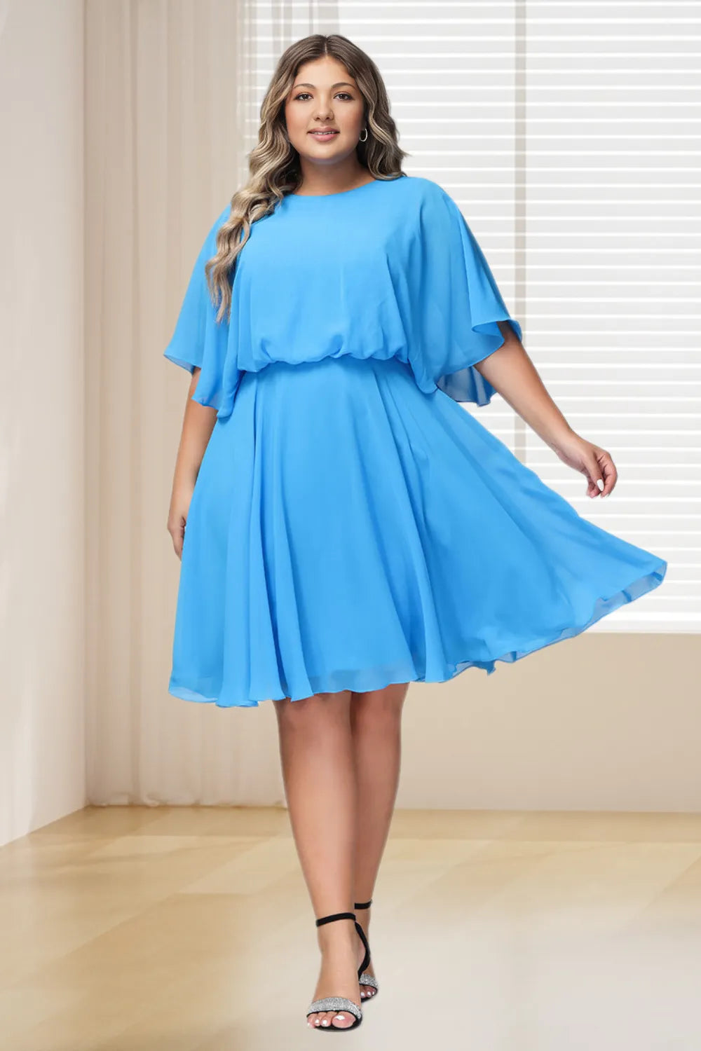 Dressime Plus Size Scoop Neck Flutter Sleeves Chiffon Short Bridesmaid Dress dressime