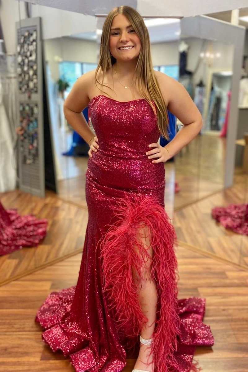 Dressime Plus Size Sheather Strapless Sequin Feather Long Prom Dress with Slit dressime