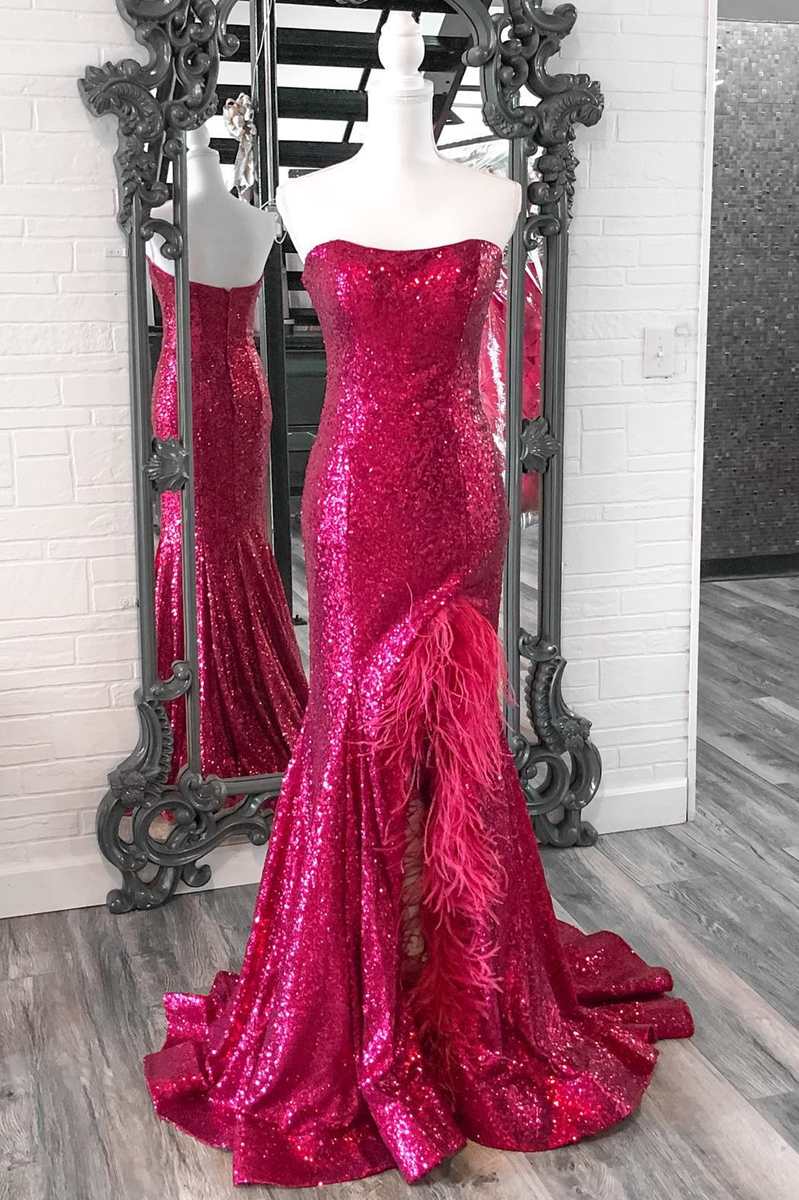 Dressime Plus Size Sheather Strapless Sequin Feather Long Prom Dress with Slit dressime