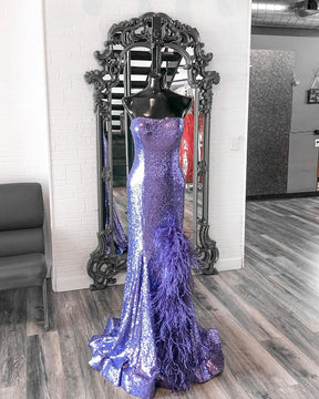 Dressime Plus Size Sheather Strapless Sequin Feather Long Prom Dress with Slit dressime