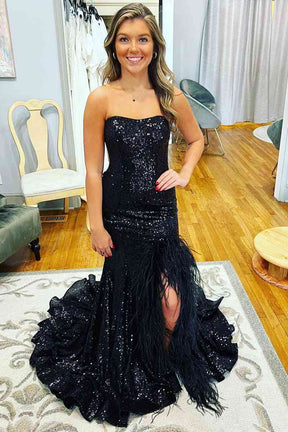 Dressime Plus Size Sheather Strapless Sequin Feather Long Prom Dress with Slit dressime