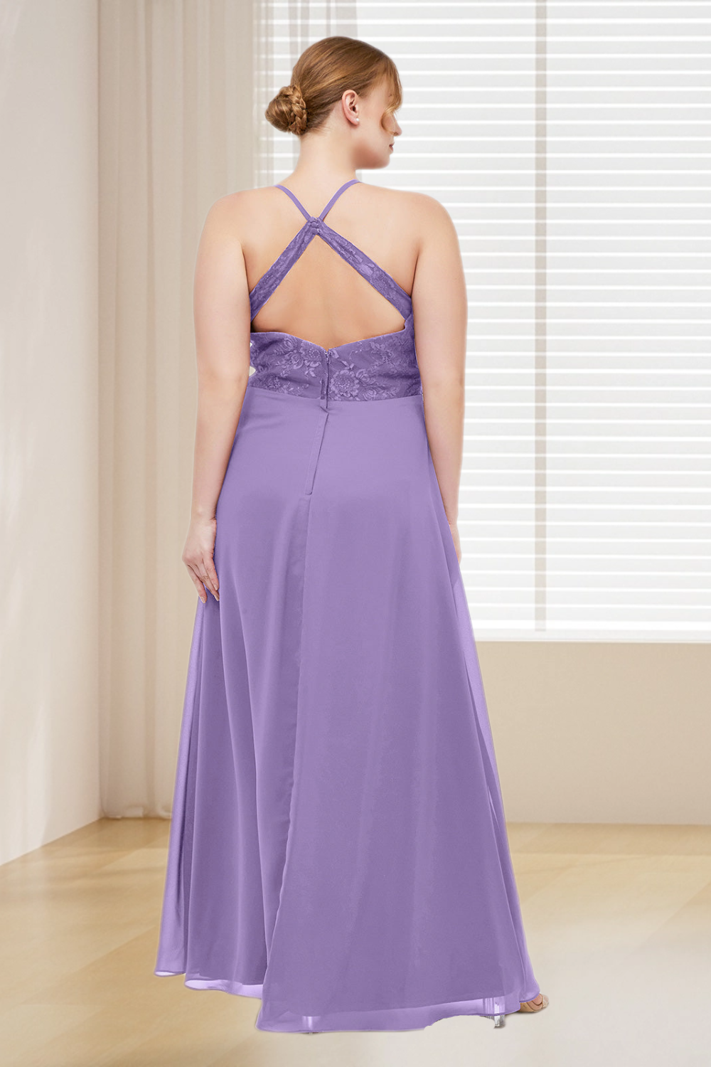 Dressime Plus Size Spaghetti Straps Lace & Chiffon Long Bridesmaid Dress With Slit dressime