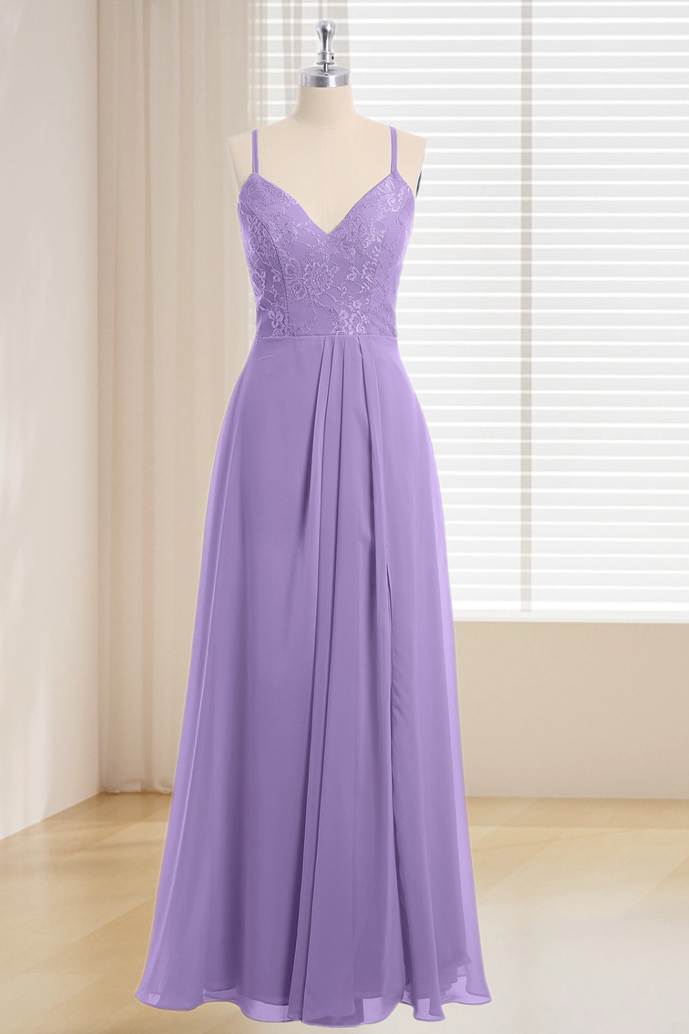 Dressime Plus Size Spaghetti Straps Lace & Chiffon Long Bridesmaid Dress With Slit dressime