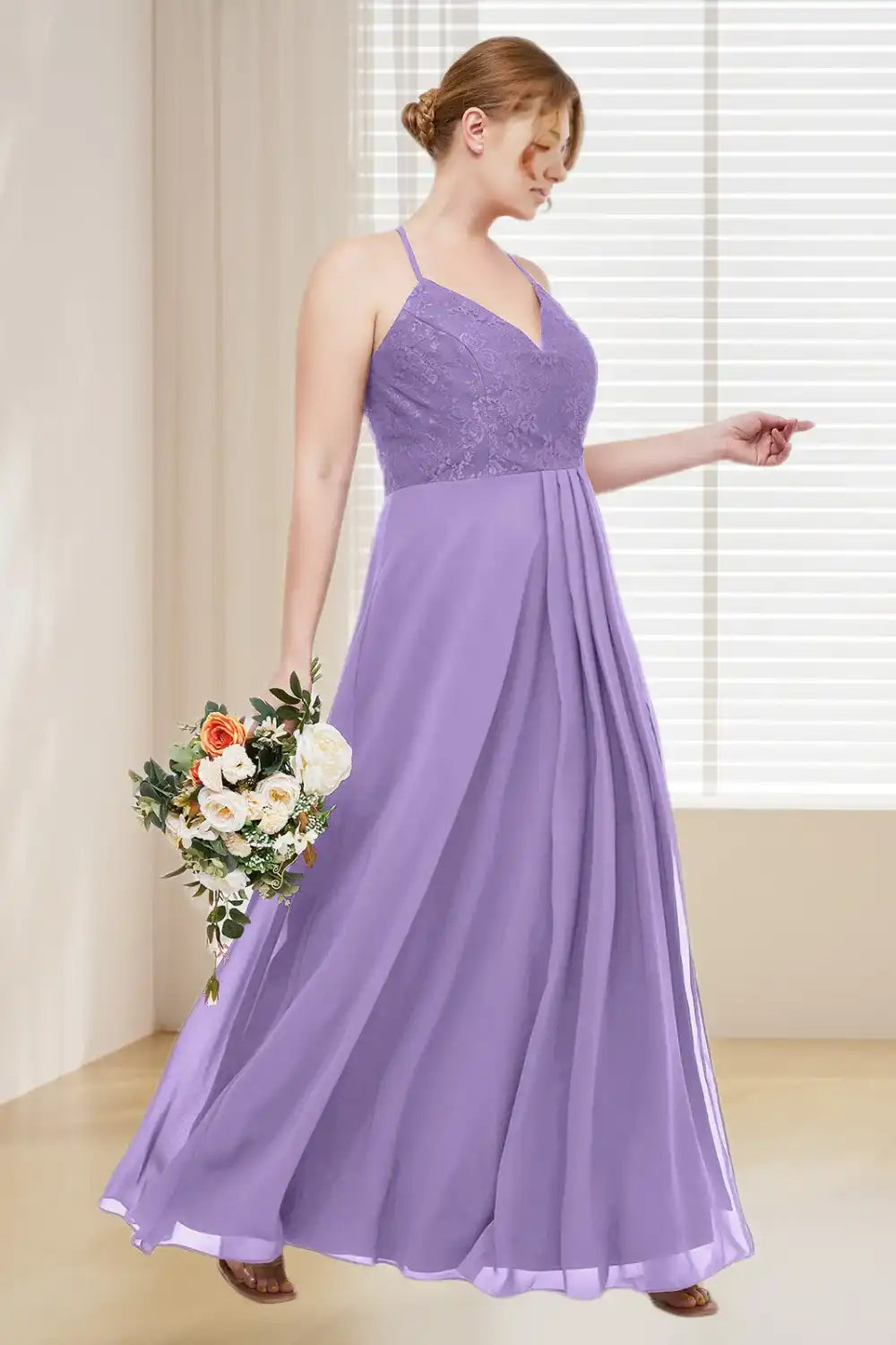 Dressime Plus Size Spaghetti Straps Lace & Chiffon Long Bridesmaid Dress With Slit dressime