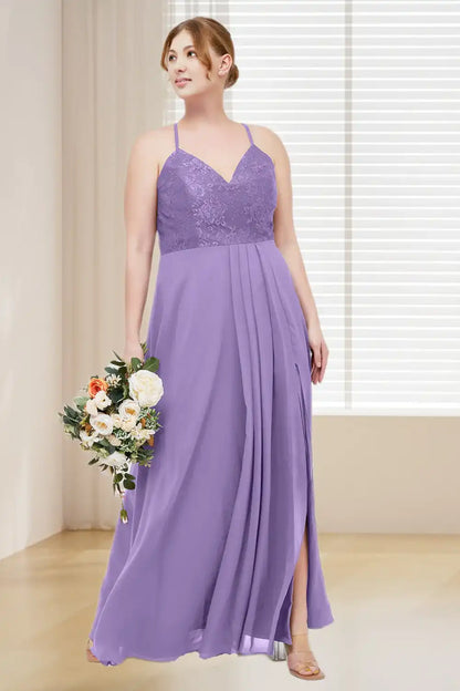 Dressime Plus Size Spaghetti Straps Lace & Chiffon Long Bridesmaid Dress With Slit dressime