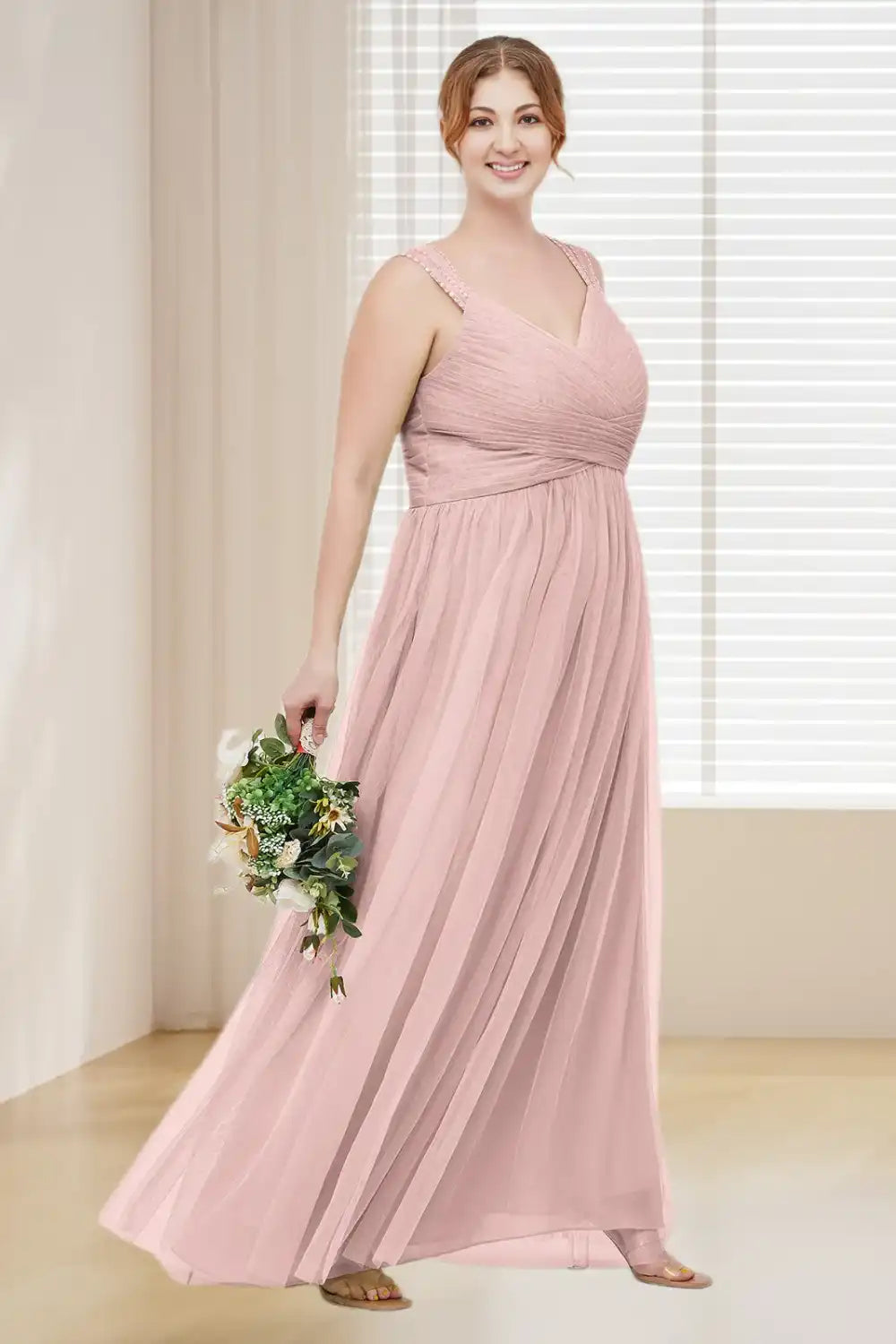 Dressime Plus Size Straps Tulle Cross Pleated Long Bridesmaid Dress With Beaded dressime