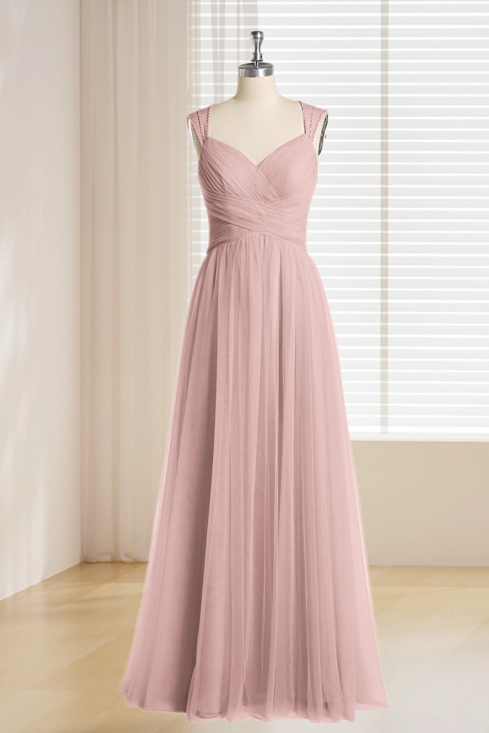 Dressime Plus Size Straps Tulle Cross Pleated Long Bridesmaid Dress With Beaded dressime