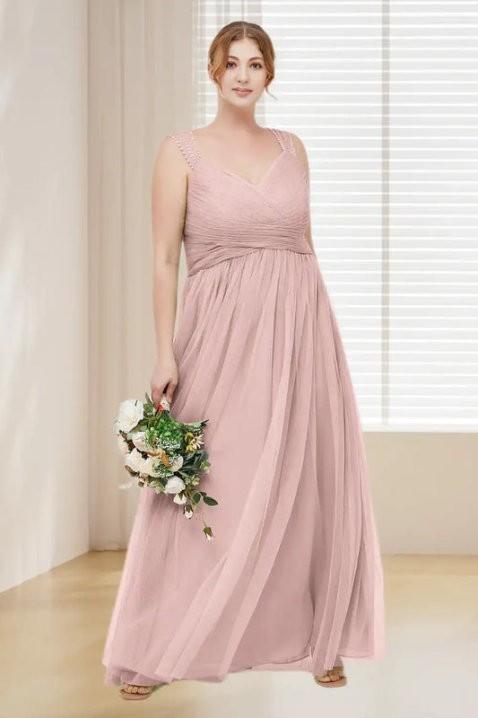 Dressime Plus Size Straps Tulle Cross Pleated Long Bridesmaid Dress With Beaded dressime