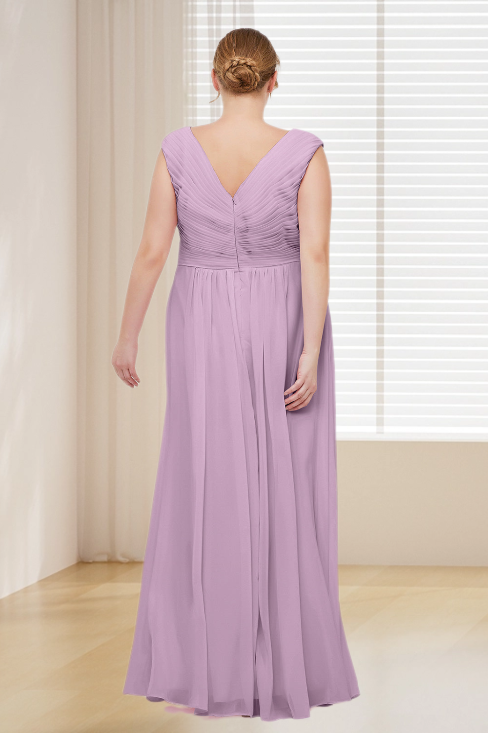 Dressime Plus Size V Neck Chiffon Long Bridesmaid Dress With Cap Sleeves dressime