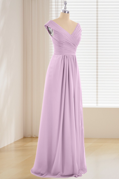 Dressime Plus Size V Neck Chiffon Long Bridesmaid Dress With Cap Sleeves dressime