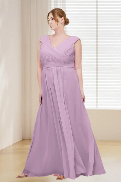 Dressime Plus Size V Neck Chiffon Long Bridesmaid Dress With Cap Sleeves dressime